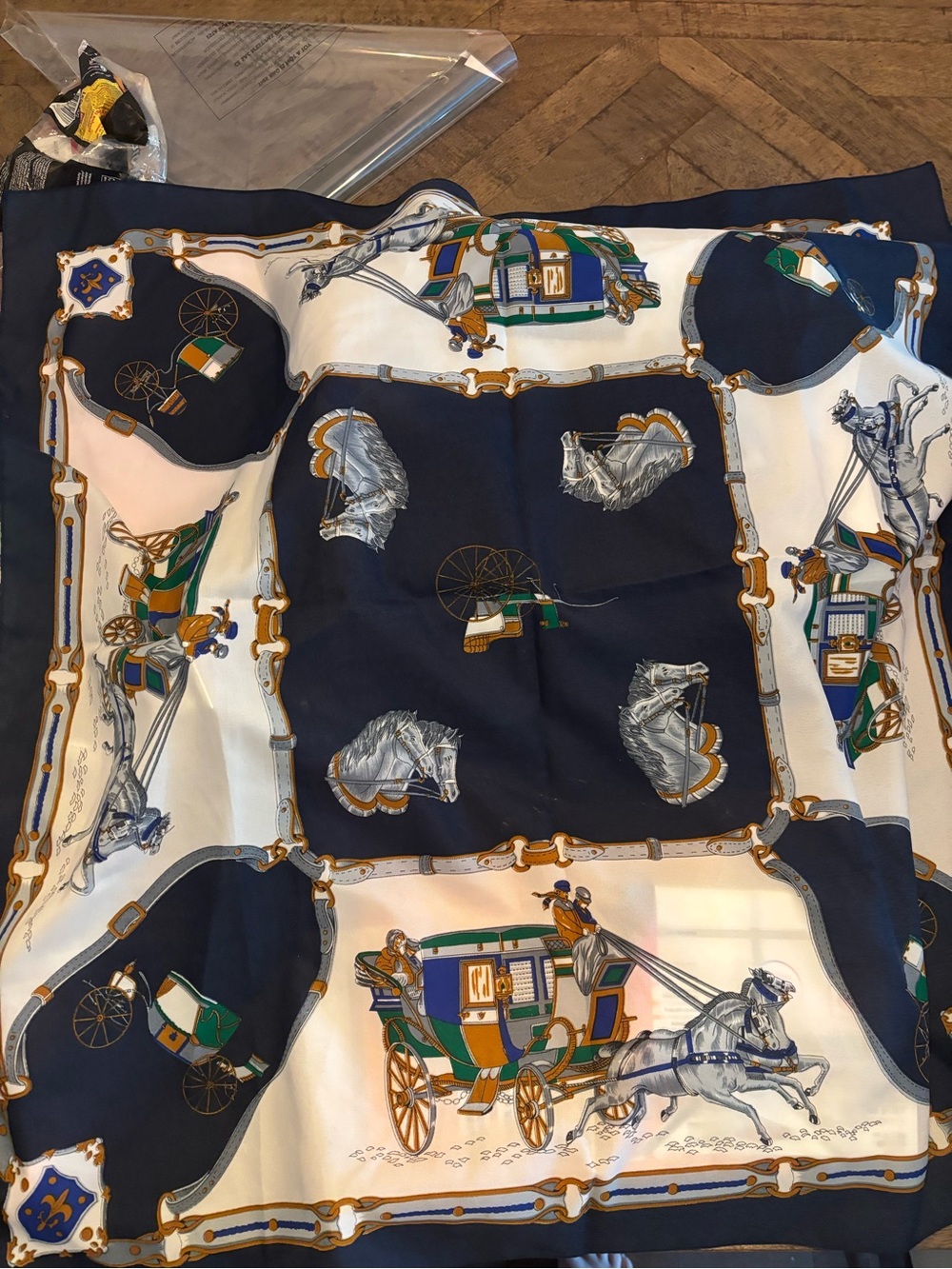 Source Unknown Carriage Print Scarf — Navy, White, Green & Gold